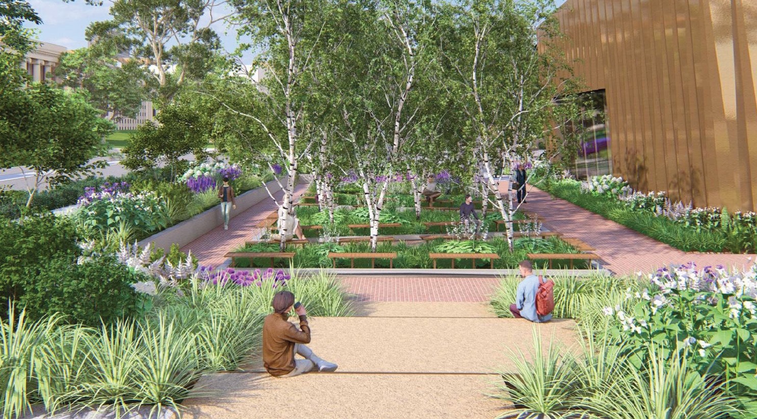 Rendering of the Lied Center brick plaza 